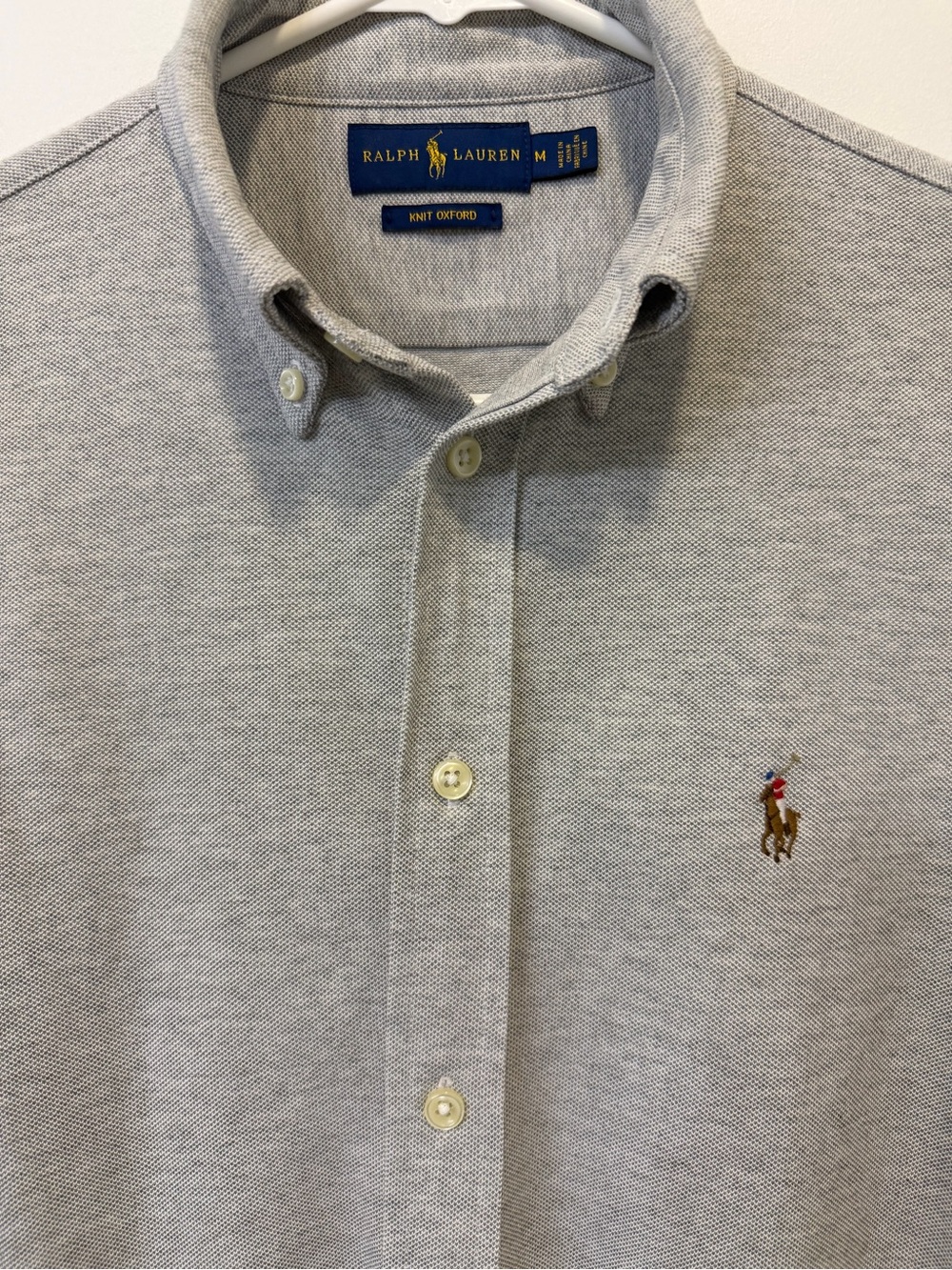 Ralph Lauren Light Gray Knit Oxford Button-Down, 100% Cotton, Pony Embroidery